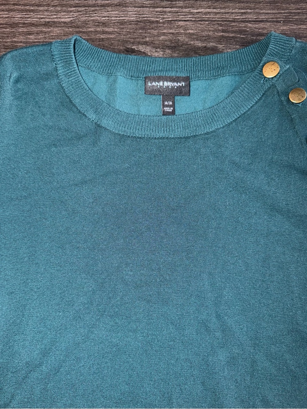 Lane Bryant Women’s Green Crewneck Sweater with Shoulder Buttons